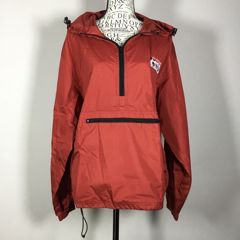 Walt Disney Worlds NWOT rain jacket orangey red hooded front zippered pocket S